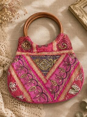 Riwaaz Boho Embroidered Handbag Pink Sequin Beaded Purse Wood Handles